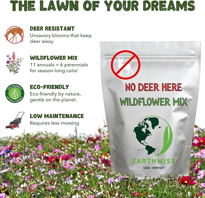 Earthwise No Deer Here Wildflower Mix – 1/2 lb – Deer-Resistant, Easy-Grow Wildflower Seeds – Covers 750 sq. ft.
