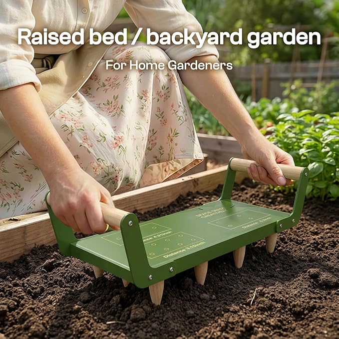 Seed Spacer Tool - Innovative Steel Gardening Template for Organized Planting & Bigger Yields – DIY Layout with Interchangeable Pegs, Ergonomic Wooden Handle