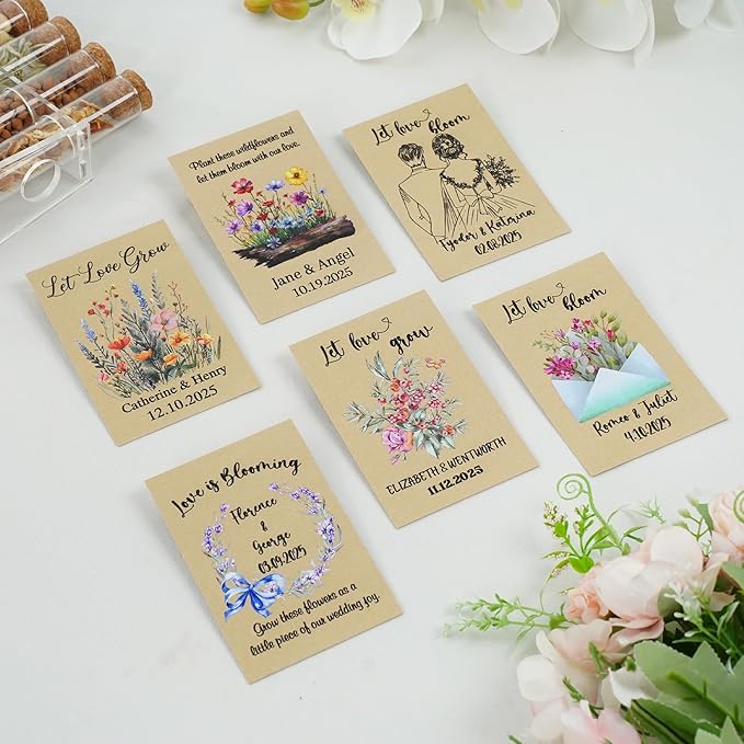 callie Personalized Wedding Seed Packet, Custom Kraft Wildflower Seeds Storage with Groom Bride Names and Date, Party Favors Bridal Shower Gifts, 10-200 PCS