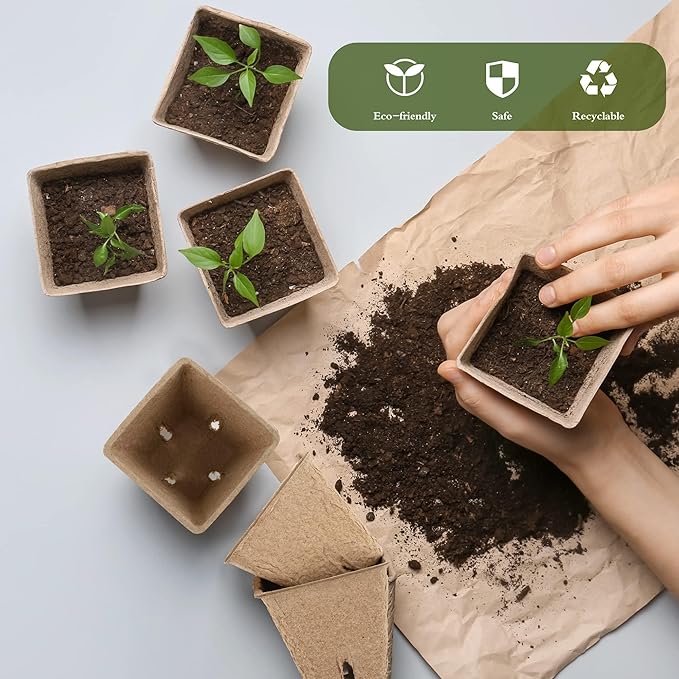 Hahood 180 Pieces Peat Pots Plant Starters 2.3 Inch Square Peat Pots for Herb Seedlings Garden Germination Nursery Pots Organic Germination Plant Starter with Plant Markers Labels for Plants Supplies