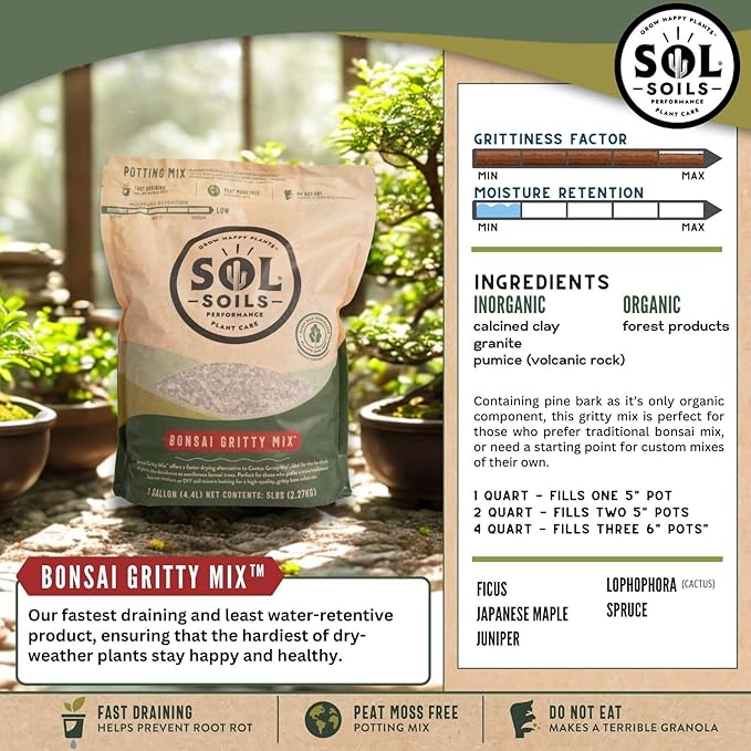 Sol Soils Bonsai Potting Mix - Fast Draining, Gritty, Peat Moss Free - 1 Quart - Pine Bark, Granite, Pumice, Calcined Clay