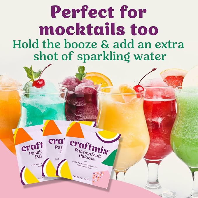 Craftmix Passionfruit Paloma Cocktail & Mocktail Drink Mixer, Skinny Mixes - Water Flavoring Packets - Made With Real Fruit - Vegan, No-Carb, No-Sugar, Non-GMO, Dairy Free, Gluten Free, 24 Pack