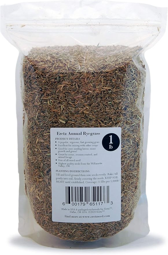 Annual RyeGrass Seed by Eretz - Willamette Valley, Oregon Grown. No fillers, No Weed or Other Crop Seeds (1lb)