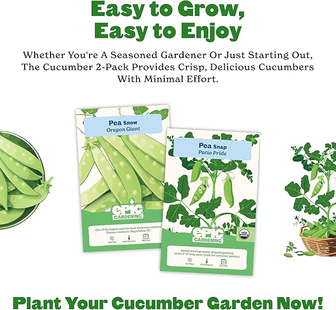 Epic Gardening Pea Seed Bundle - 2 Non-GMO Varieties, Includes Oregon Giant Snow Peas & Patio Pride Snap Peas, Perfect for Snacking, Stir-Fries & Fresh Salads, Ideal for Any Garden