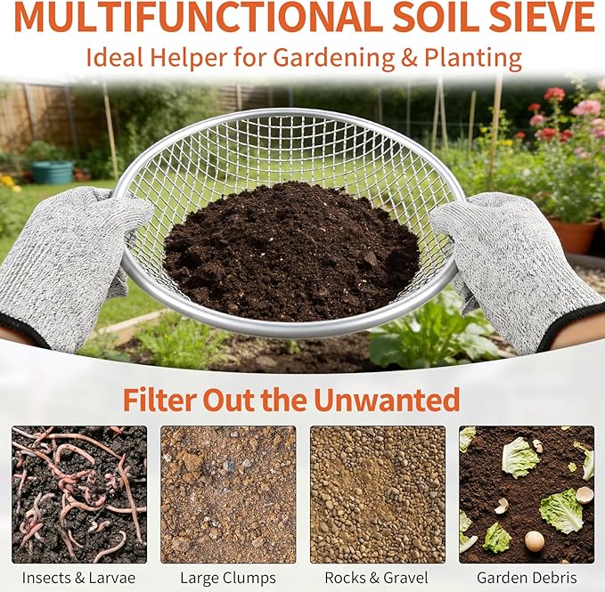 3PCS Soil Sifter for Gardening, Heavy Duty Rock Sieve Fits 5 Gallon Bucket, 3mm 6mm 10mm Galvanized Garden Sifter Compost Dirt Sifter, Sand Gravel Sawdust Pebbles