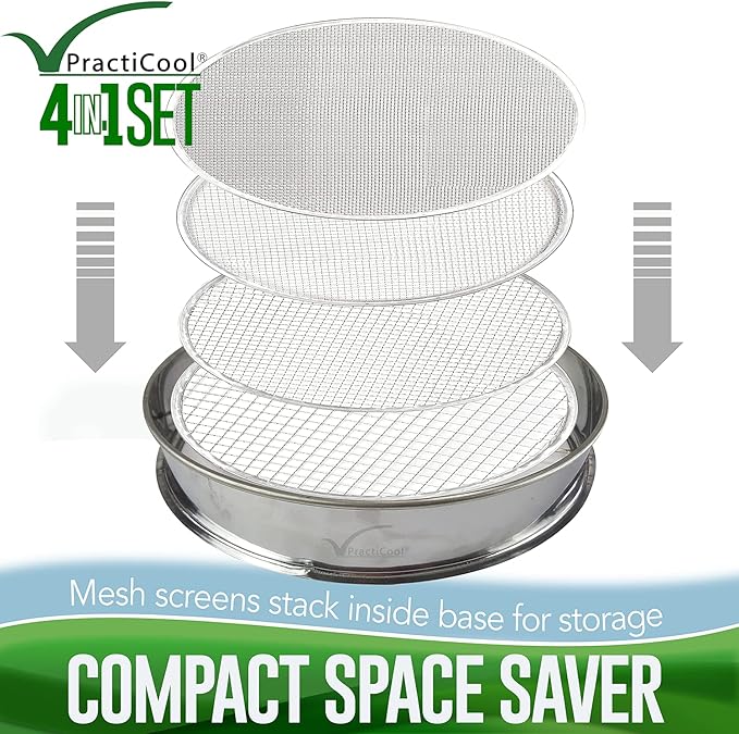Garden Potting Mix Sieve - Stainless Steel Riddle - Soil sifting pan - with 4 Interchangeable Filter mesh Sizes - 3,6,9,12 mm and Bonus Spade