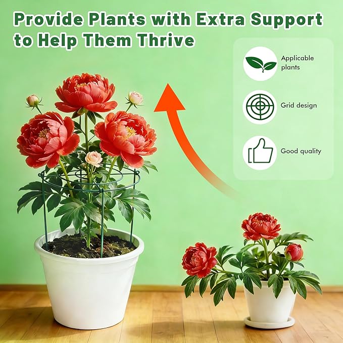 8 Pack Peony Cages Set 11.5" Dx16 H Peony Cages and Supports Heavy Duty Metal Plants Support Cage for Outdoor Green Support Rings for Flower Strawberry Tomato Hydrangeas