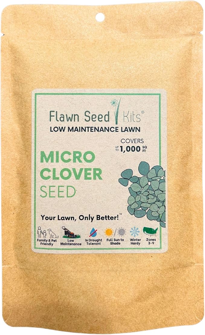 Flawn Seed Kits Micro Clover Seed, 4.4 Oz, Organic Coated, Eco-Friendly, Low Maintenance, Lawn Alternative, Compostable Pouch, Covers Up to 1,000 Sqft