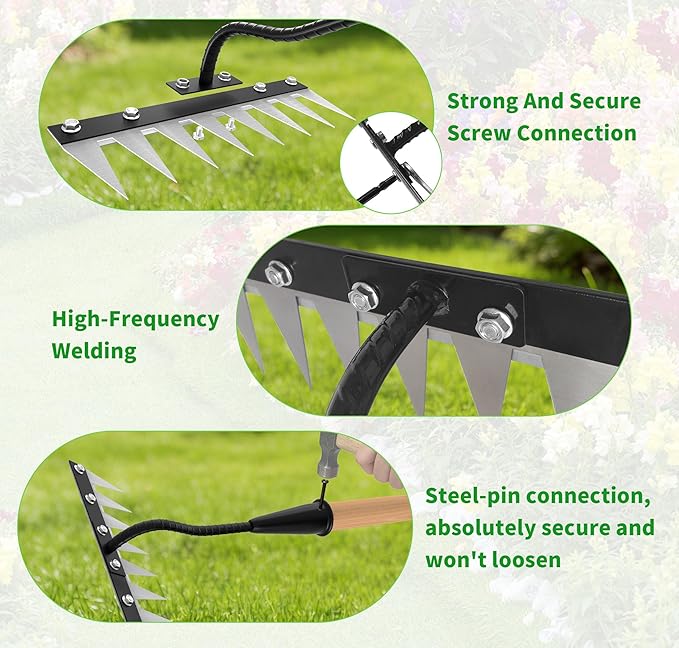 Iron Weed Rake with Wooden Long Handle 2.0, 8 Teeth Weed Puller Tool Heavy Duty, Manual Gardenia Weeding Rake Tool for Yard, Lawn and Garden, 71Inch