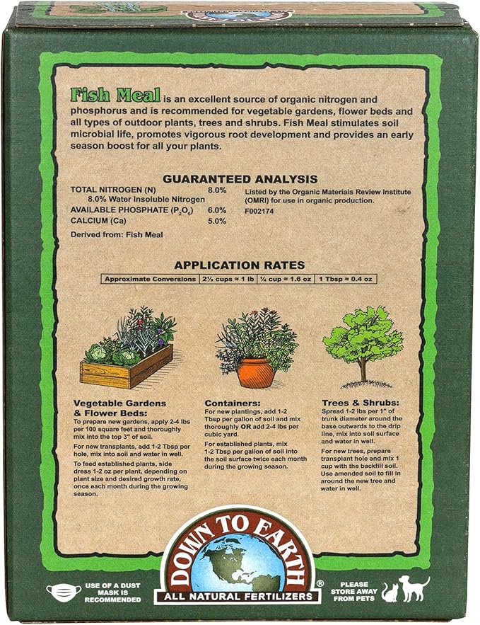 Down to Earth All Natural Fertilizers Organic Fish Meal - High Nitrogen and Phosphorus for Outdoor Plants, Trees, Shrubs, and Gardens 8-6-0, 4 lb