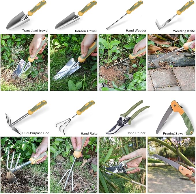 Garden Tool Set, WisaKey 9 Piece Stainless Steel Heavy Duty Gardening Hand Tools with Handle, Durable Garden Tool Bag, Gardening Gifts for Women and Men Valentine's Gift for Woman