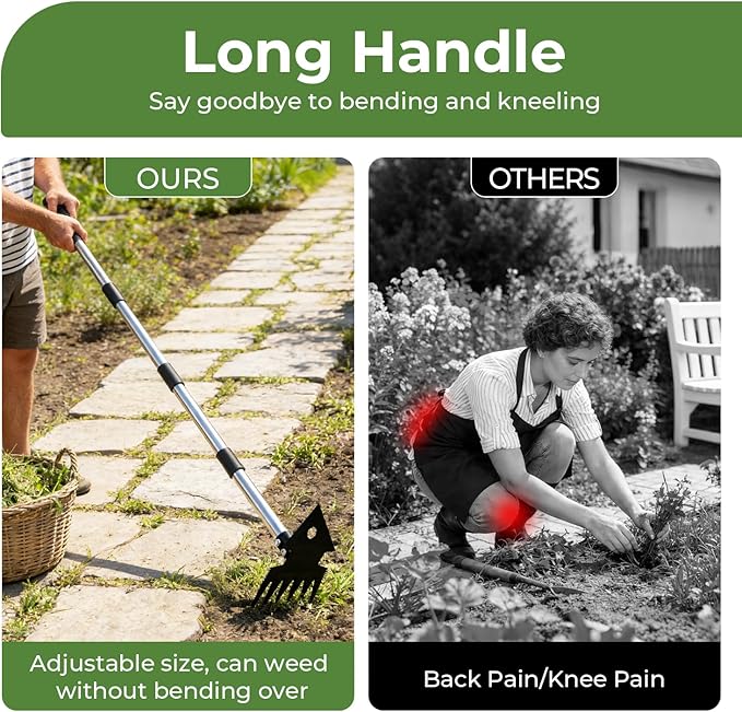 2-in-1 Weed Puller Tool,Dual-Head Garden Hoe Weeder Tool with Long Handle,Heavy Duty Manganese Steel Weeding Tool for Gardening,Uprooting Weed Remover for Yard Lawn Patio and Garden