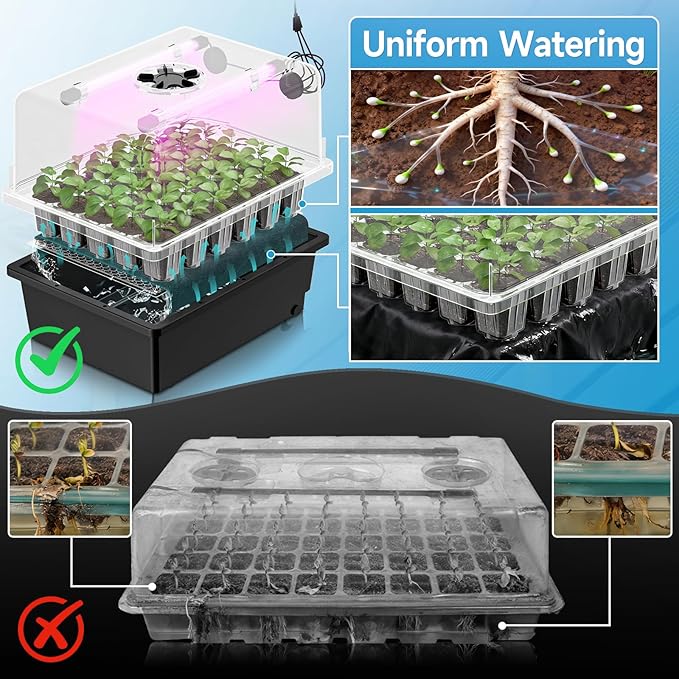 Hon&Guan 1 Pack Seed Starting Kit - 30 Cell Seed Starter Tray with Higher 5.3” Humidity Dome, LED Growing Lights and 10"x20.75" Seedling Heat Mat, Adjustable Vents - Germination & Plant Propagation
