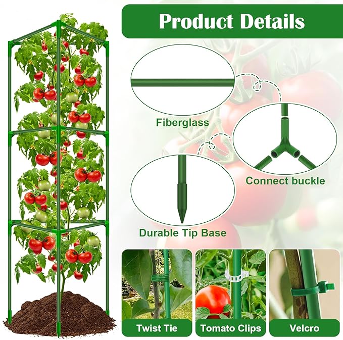 6 Packs Fiberglass Tomato Cages for Garden, 56 Inch Tall Tomato Plant Support, Adjustable Cucumber Stakes Plant Climbing Trellis for Garden Vegetables Fruits, Climbing Bean Support Cages with Clips