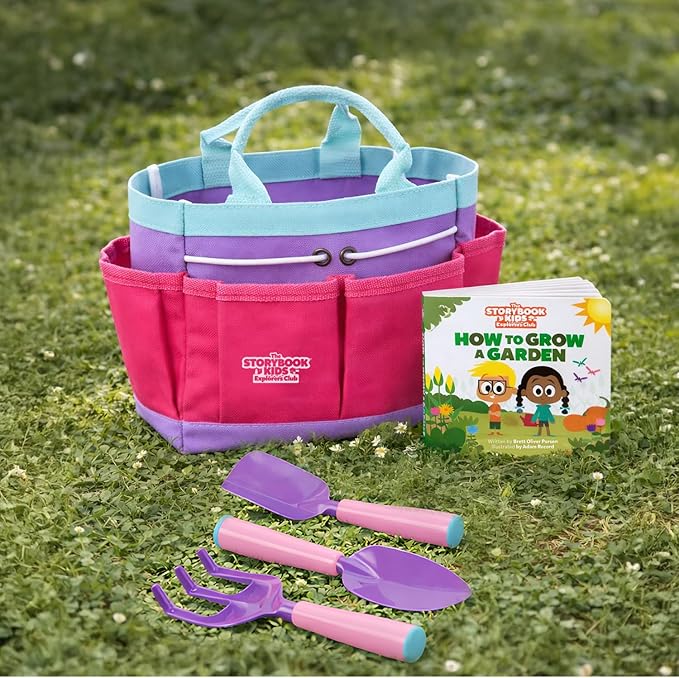 Pink Kids Gardening Tools - Includes Sturdy Tote Bag, Watering Can, Gloves, Shovels, Garden Stakes, and a Delightful Children's Book How to Garden Tale - Kids Garden Tool Set for Toddler Age on up.