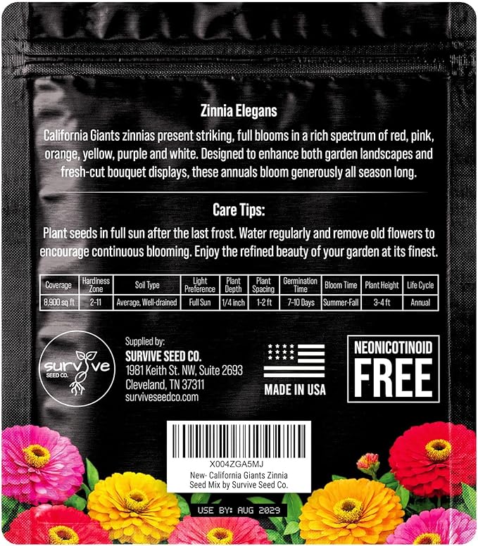 Zinnia Seeds California Giants Package of 10,000 Wildflower Seeds - Wild Flower Seeds Large Bright Blooms, Pure Non-GMO Flower Seeds for Planting, Neonicotinide Free