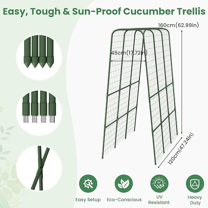 Cucumber Trellis for Raised Bed, 63" Heavy Duty U-Shape Garden Trellis for Climbing Plants Outdoor, Rustproof Plastic Metal Arch Vegetables Trellis Plant Support for Vine, Fruits, Beans and Flowers