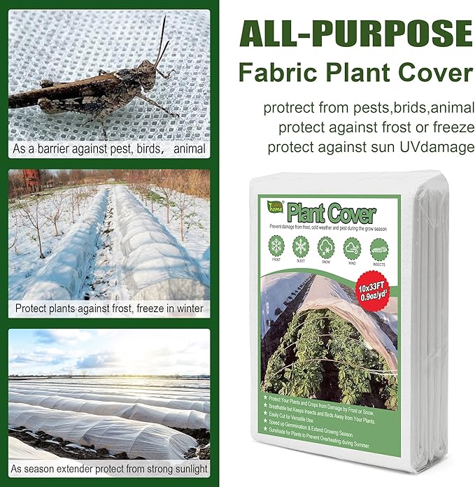 Plant Covers Freeze Protection, 10x33FT 0.9oz/yd² Winter Floating Row Covers, Frost Cloth Blanket Shade Cloth Garden Fabric Plant Cover for Raised Beds Vegetables Insect Winter Frost