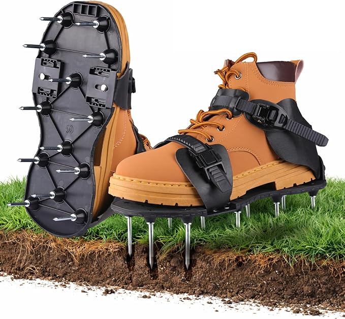 Aeration Shoes for Lawn, Lawn Aerator Shoes for Grass, Stainless Steel Spikes Aerator Lawn Shoes with Adjustable Straps for Patio/Yard/Garden for Easy Yard Aeration (Black)