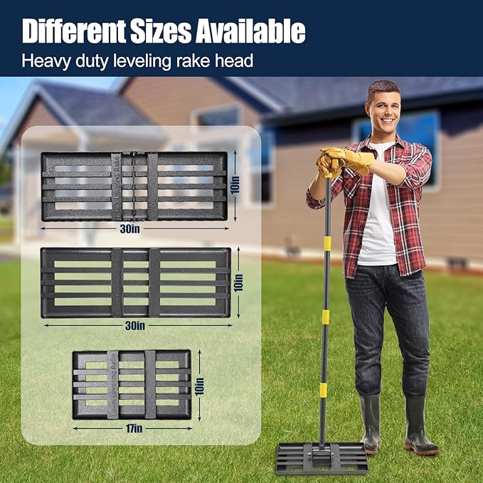 Professional Lawn Leveling Rake with 17x10in Heavy-Duty Stainless Steel Head & 72" Adjustable Handle - Grass Leveling Tool for Quick Soil Grading, Thatch Removal and Yard Maintenance