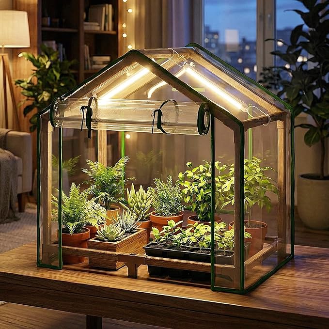 Leaf&Lull Mini Greenhouse Indoor Desktop with Grow Lights Small Grow Tent Reusable Portable Warm House with PE Cover Ventilation Window for Seed Starting&Plant Growth