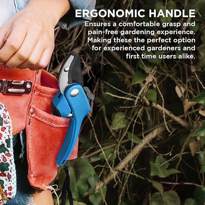 Nevlers 8" Blue Anvil Pruning Shears Heavy Duty | Hand Pruners for Gardening w/Steel Blades, Safety Lock & Ergonomic Handles | 8mm Cut Cap Plant Shears & Branch Cutter for Dead Stems & Small Branches