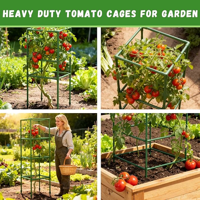 Riare 4 Pack Square Tomato Cages for Garden Plant Support- Up to 60 Inch Tomato Cage Garden Stakes Tomato Trellis for Potted Plants Raised Garden Bed Climbing Vegetables Flowers Outdoor Indoor
