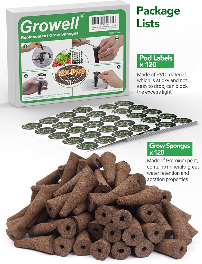 Growell 240 Pcs Hydroponic Pods Kit, 120 Pcs Grow Sponges with 120 Pcs Pod Labels Compatible with Aerogarden and Others Brand, Seed Pod Starter Kit for Hydroponics Growing System
