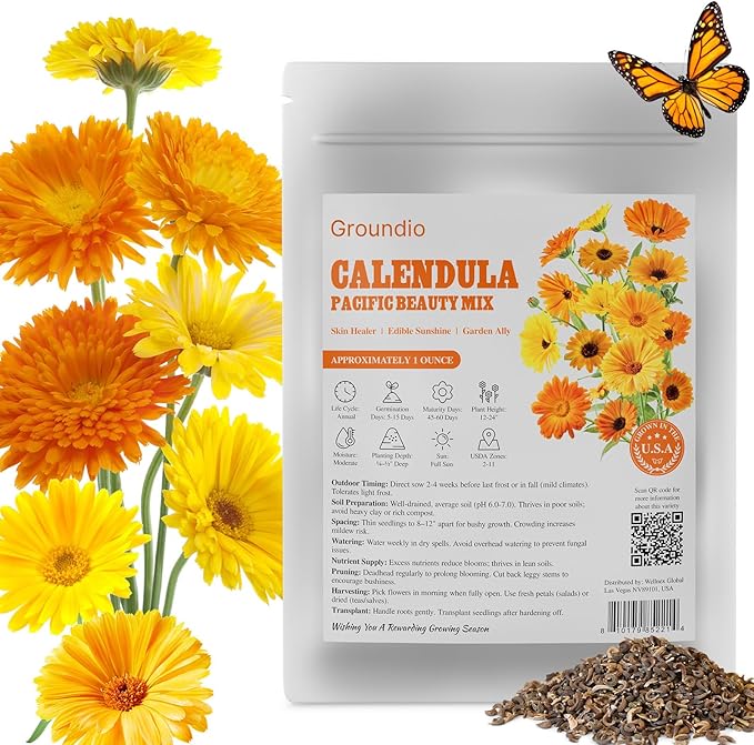 Groundio Calendula Seeds Pacific Beauty Mix, 3000+ Calendula Officinalis Seeds, Open Pollinated Non-GMO Wildflower Seed Grown in The USA, 1 Ounce