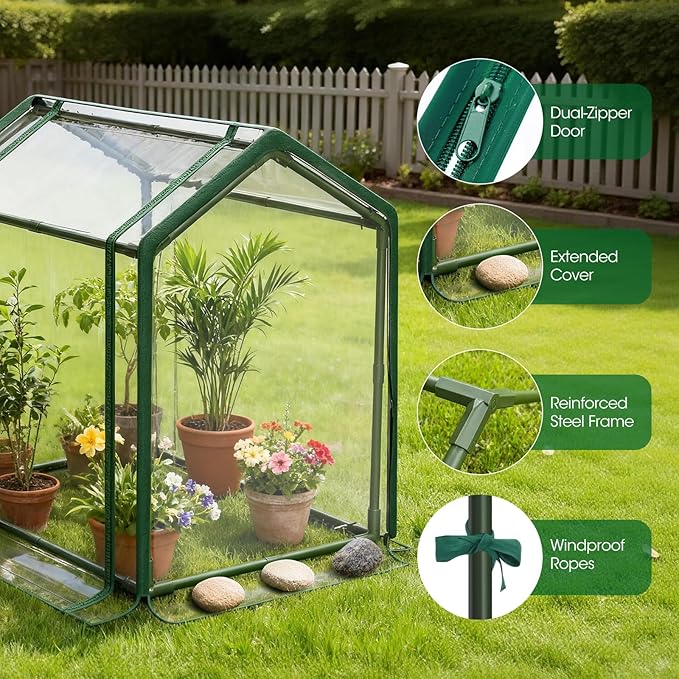 Mini Greenhouse with Zippered Doors & Roll-up Windows, Elevated Bottom Portable Plant Hot House with Durable PVC Cover, Water Resistant, UV Protected for Outdoor Flowers, Vegetables