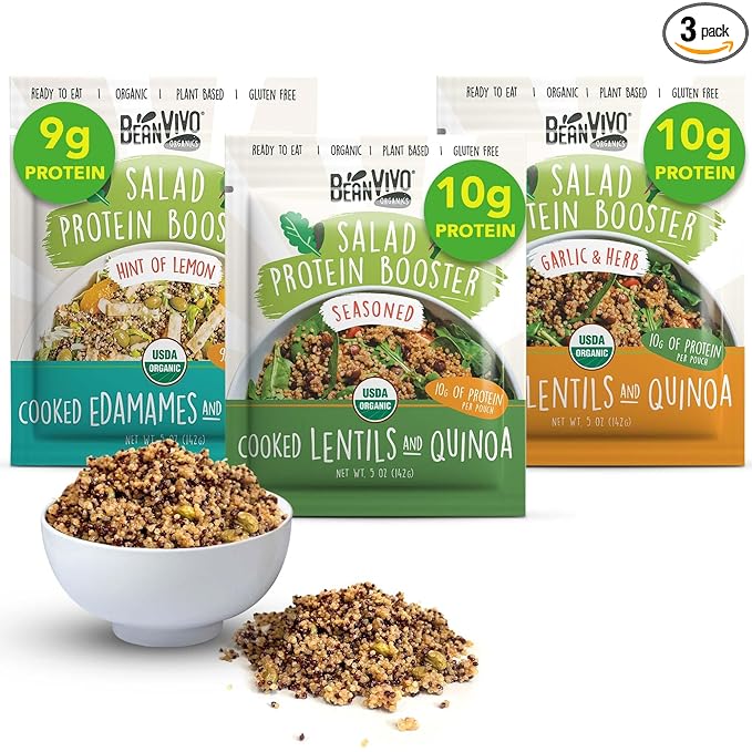 BeanVIVO - Variety 3 Pack Salad Protein Boosters - Seasoned, Garlic & Herbs, Edamame - Delivering a burst of taste and 10g of protein-packed goodness in every pouch 5oz pouches each
