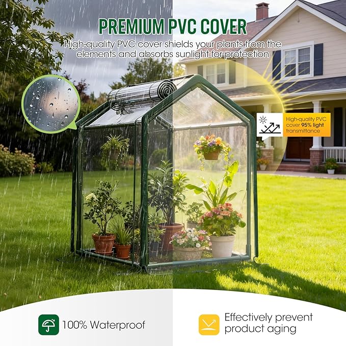 Mini Greenhouse with Zippered Doors & Roll-up Windows, Elevated Bottom Portable Plant Hot House with Durable PVC Cover, Water Resistant, UV Protected for Outdoor Flowers, Vegetables