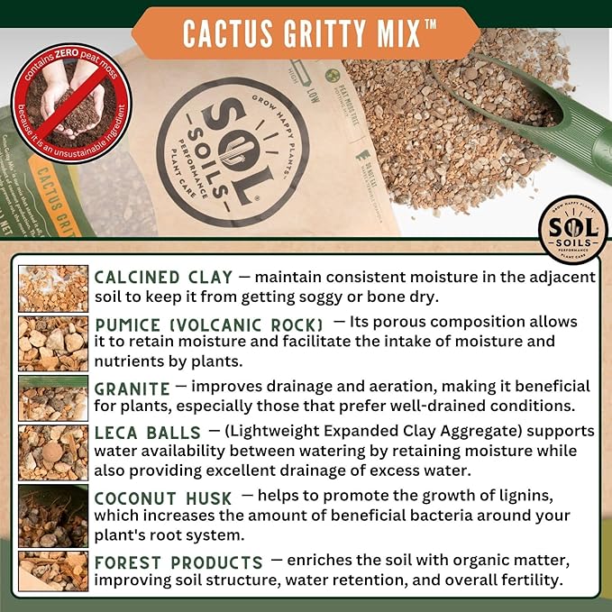 Sol Soils Cactus Gritty Potting Mix - Fast Draining, Peat Moss Free - 1 Gallon - Coconut Husk, Granite, Clay, Pumice