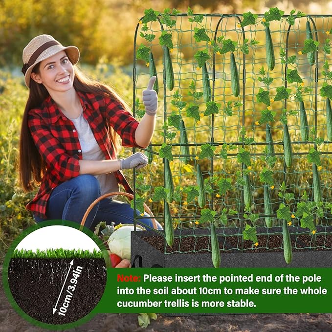 Cucumber Trellis for Climbing Plants Outdoors, U-Shape Large Garden Frame Trellis with Planter for Raised Bed Vegetable Fruit Grow Support,65 (H) x 50(L) inches, Includes Netting Ties Gardening Tools