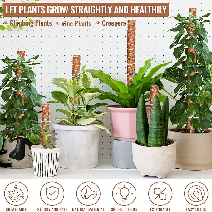 6-Piece 12-Inch Totem Poles with 12 Adjustable Plant Twist Ties - Coir Moss Stick for Creepers, Climbing Plants
