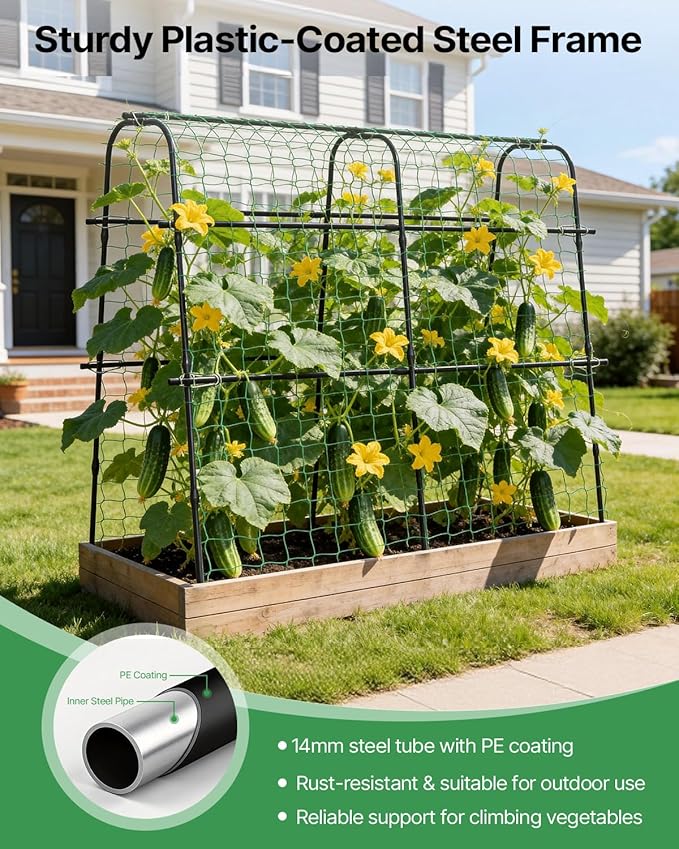 Suteck Cucumber Trellis for Raised Bed – 63" Tall Arch U-Shaped Metal Garden Trellis for Climbing Vegetables, Easy Assembly Plant Support for Home Gardeners