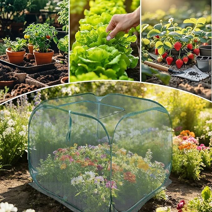 EATAKWARD 2 PCS Foldable Plant Protector, 35" x 35" x 27.5" Pop-Up Mesh Cover, Bird Betting for Garden, Garden Bed Cover for Outdoor Vegetables, Fruits, and Flowers