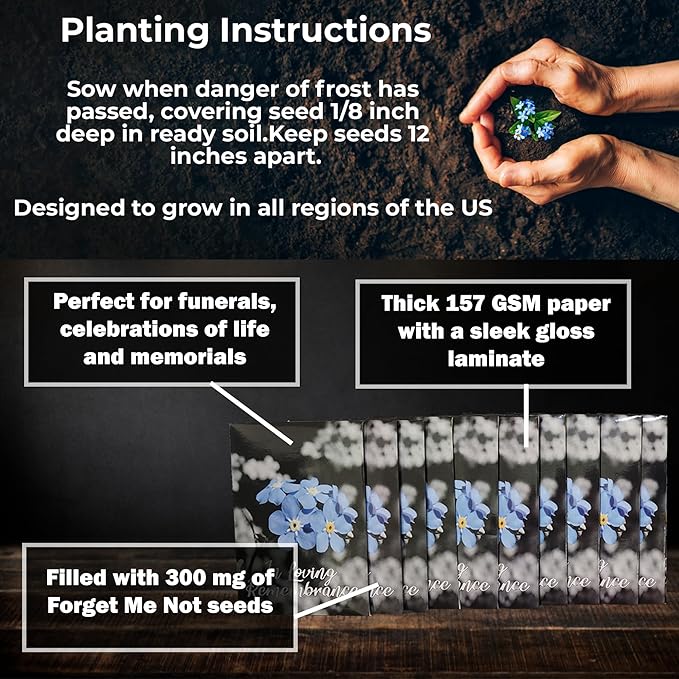50pc Premium Pre-Filled Forget Me Not Seeds Packets Favors for Funerals, Funeral Decorations, Celebration of Life Decorations, Forget Me Not Seeds Packets, Celebration of Life Ideas, Memorial Cards