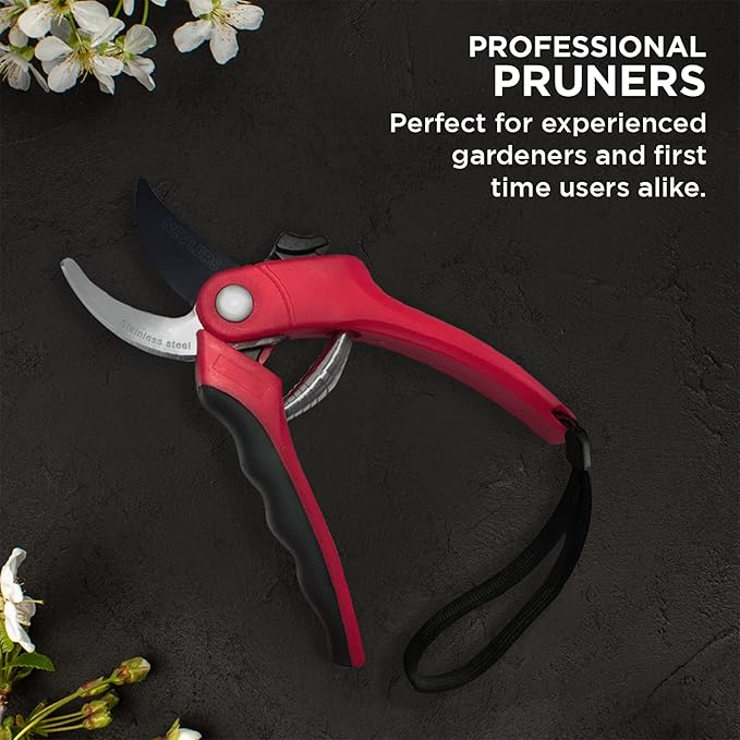 Nevlers 8" Red Bypass Pruning Shears for Gardening | Heavy Duty Garden Shears & Hand Pruners | Stainless Steel Plant Trimmer Blades w/ 8mm Cut Cap | Ergonomic Spring-Assisted Garden Clippers Handheld