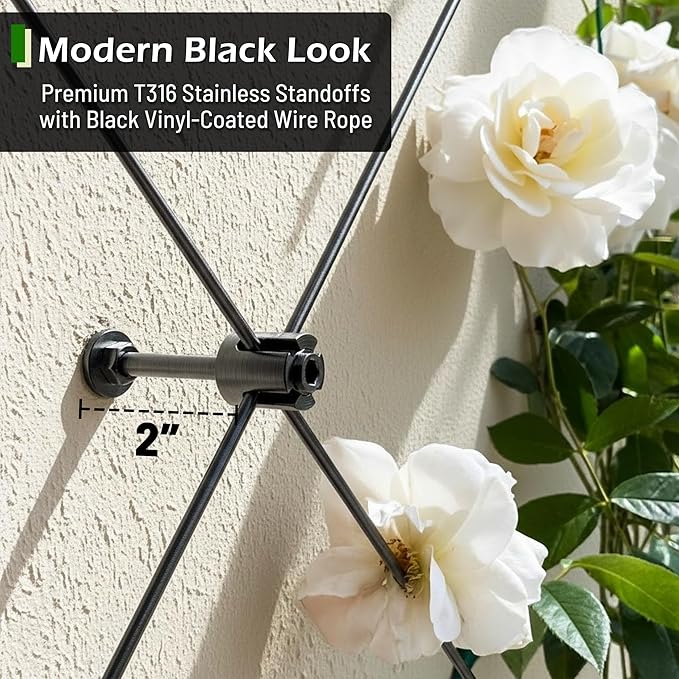 12-Set Black 1/8" Wire Trellis for Climbing Plants Outdoor with 53ft Vinyl Coated Cable, T316 Stainless Steel Wall Wire Trellis Kit