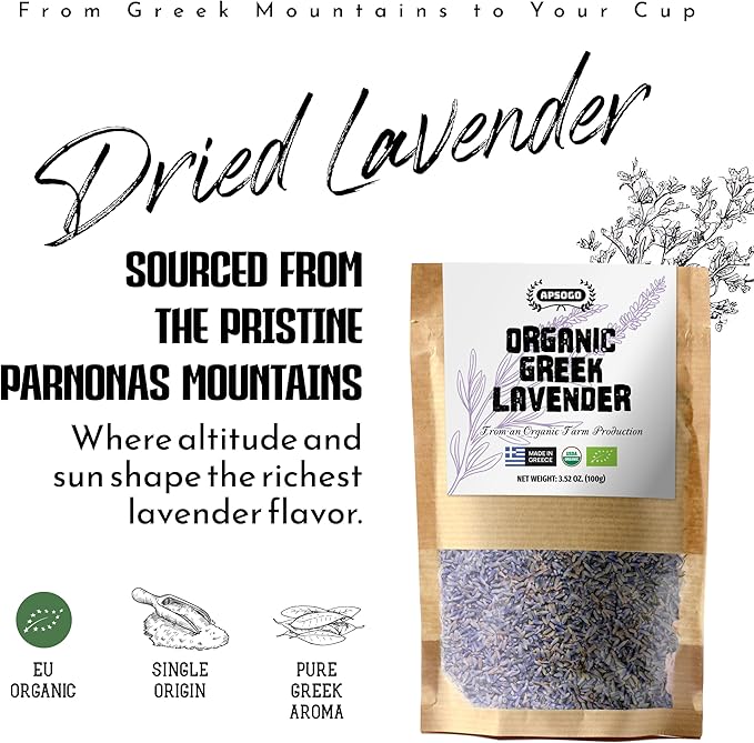 Apsogo Organic Greek Lavender – Premium Dried Flowers (1.76 oz), Organic Herbal Lavender Tea & Culinary Use, Whole Buds in Resealable Pouch
