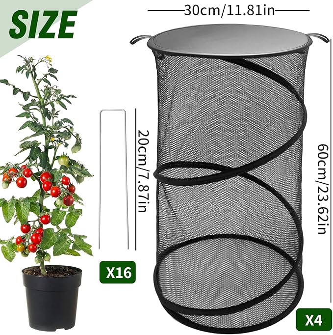 MDEOOSKY 4 Pack Pop Up Plant Covers Tent with Lid, 23.6"x11.8" Round Insect & Bird Barrier Mesh, Garden Protector Cage with 16 Ground Stakes, Foldable for Outdoor & Indoor Plants, Black