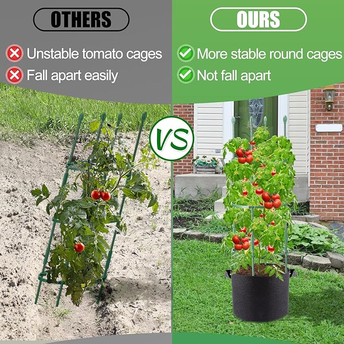 2 Sets Tomato Cages with 10-Gallon Sturdy Grow Bags, 48.5" Planter Support Trellis Pots Kit for Garden, Flowers Vegetable Cages for Cucumbers Eggplants Vertical Climbing Plants Vines
