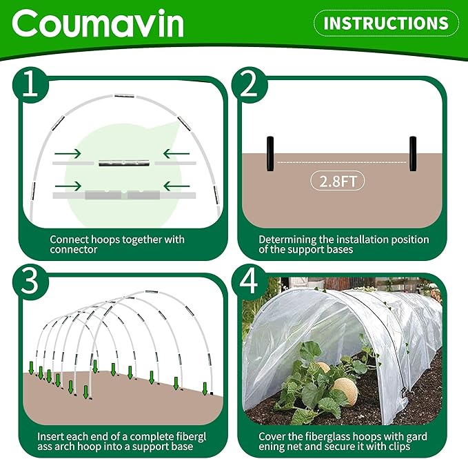8FT Rust-Free Fiberglass Garden Hoops -72 PCS DIY Grow Tunnel Kit for Raised Beds, Row Cover Support with Connectors/Clips, Sun Shade &Year-Round Plant Protection, White