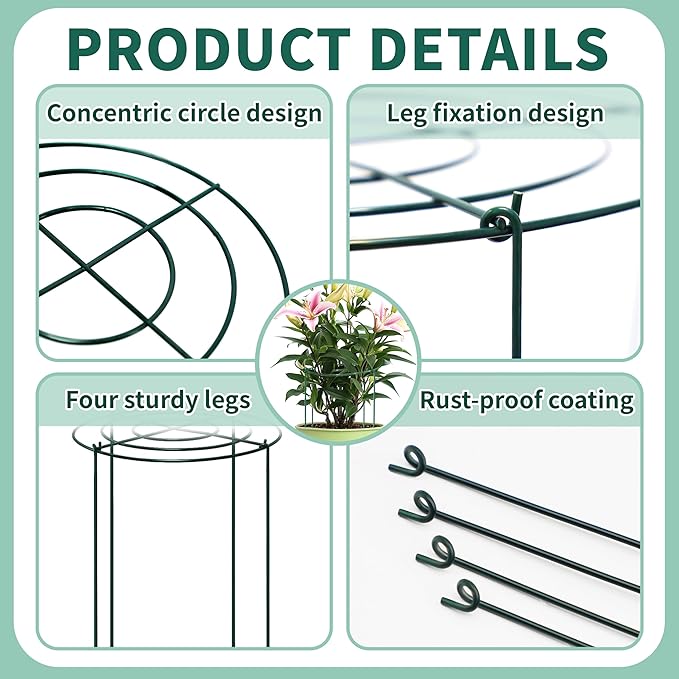 4 Sets Peony Support Cage,14"Diax32"High Heavy Duty Metal Plant Support,Grow Through Hoops Grids with 4 Thickened 5mm Legs,Strong Support Brace for Heavy Blossoms,Flower Support Ring for Peonies,Rose
