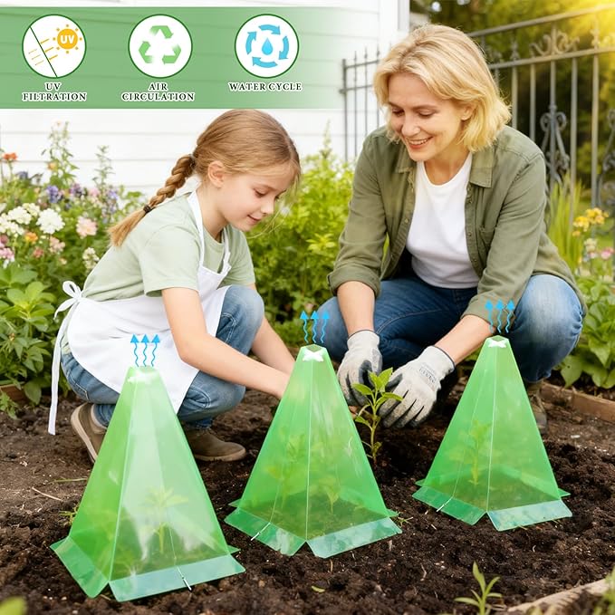 40 Pack Cloches for Plants, 7.8" x 11" Plastic Small Plant Seedling Protector with 80pcs Metal Stakes, Reusable Bell Covers to Protect Plants from Birds, Slugs, Sun, Frost, Freeze Weathe (Green)