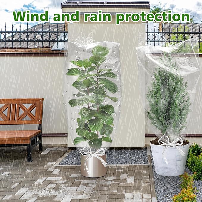 UNIFAMILY 5PCS Plastic Plant Covers Freeze Protection with Drawstring, Plant Shelter Bags Waterproof, 40 x 27 in Plant Frost Protection Covers, Outdoor Plant Cover for Winter Freeze Protection