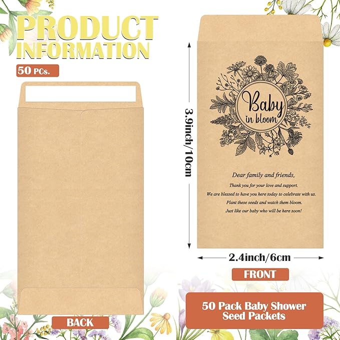 Fumete 50 Pcs Baby Shower Seed Packet Self Adhesive Kraft Envelopes Baby in Bloom Seed Storage Packets Mini Kraft Retro Paper Organizer for Gender Reveal Party, No Seeds(Black Flower)