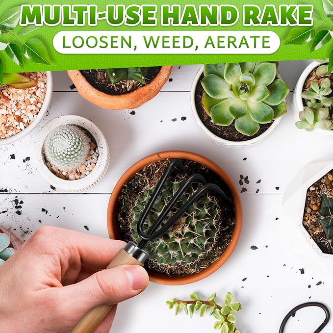 3 Pcs Mini Garden Tools for Gardening – Small Garden Tools Set with Mini Shovel, Small Trowel & Hand Rake, Rustproof Metal Build & Wood Handle – Shovels for Digging, Balcony Pots & Indoor Plant Care