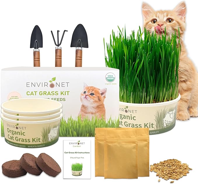 Environet Cat Grass Kit for Indoor Cat, Organic Grass Growing Kit with Seeds, Soil and Planting Tools, Quick Germination, Perfect for Beginners